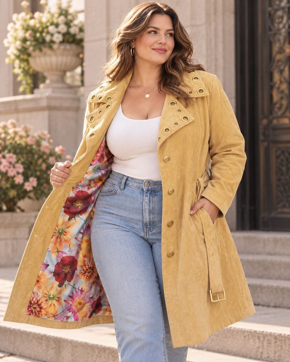 Y2K Bradley Bayou Butter Yellow-Tan Suede Trench Coat Floral Lined - XL